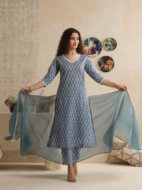 Khushal K Women Blue Floral Printed Regular Pure Cotton Kurta & Palazzo With Dupatta