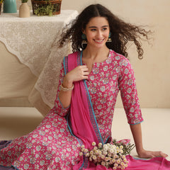 Khushal K Women Floral Printed Regular Pure Cotton Pink Kurta & Palazzo With Dupatta