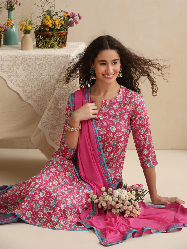 Khushal K Women Floral Printed Regular Pure Cotton Pink Kurta & Palazzo With Dupatta