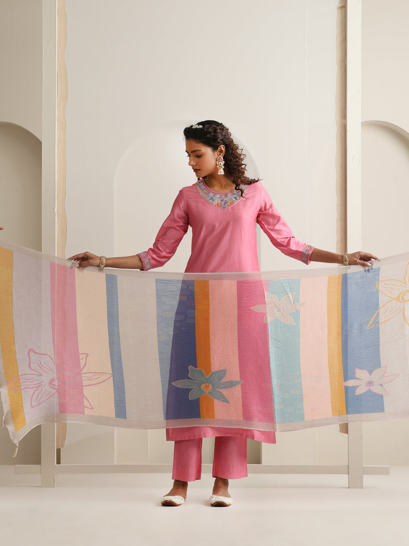 Khushal K Women Pure Silk pink Embroidered Kurta & Palazzo With Dupatta
