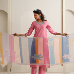 Khushal K Women Pure Silk pink Embroidered Kurta & Palazzo With Dupatta