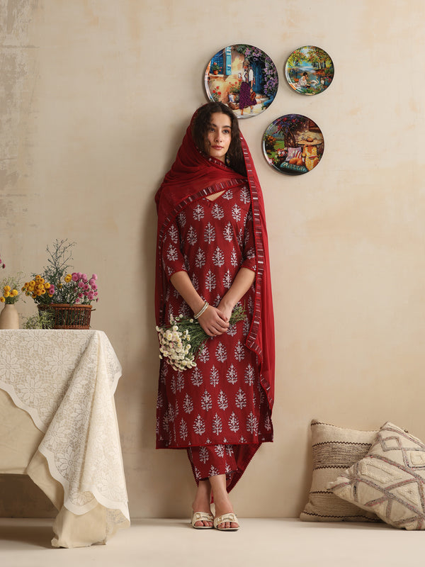 Khushal K Women Floral Printed Regular Pure Cotton Maroon Kurta & Palazzo With Dupatta