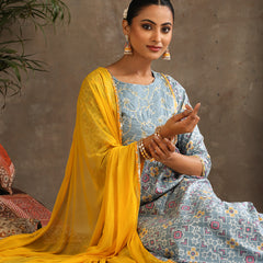 Floral Printed Panelled Pure Cotton Anarkali Kurta With Palazzo & Dupatta