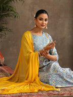 Floral Printed Panelled Pure Cotton Anarkali Kurta With Palazzo & Dupatta