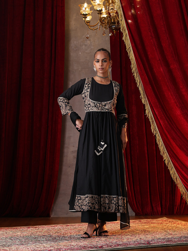Khushal K Women Cotton kurta and palazzo with dupatta set - Black