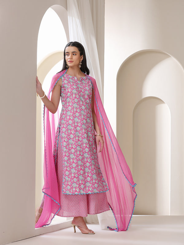 Khushal K Floral Printed Notch Neck Cotton Straight Kurta set