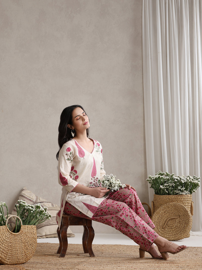 Floral Printed Cotton V-Neck Tunic With Trouser Co-Ords