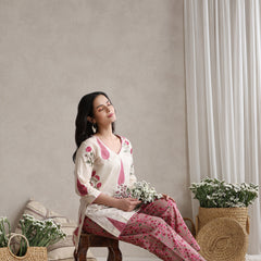 Floral Printed Cotton V-Neck Tunic With Trouser Co-Ords