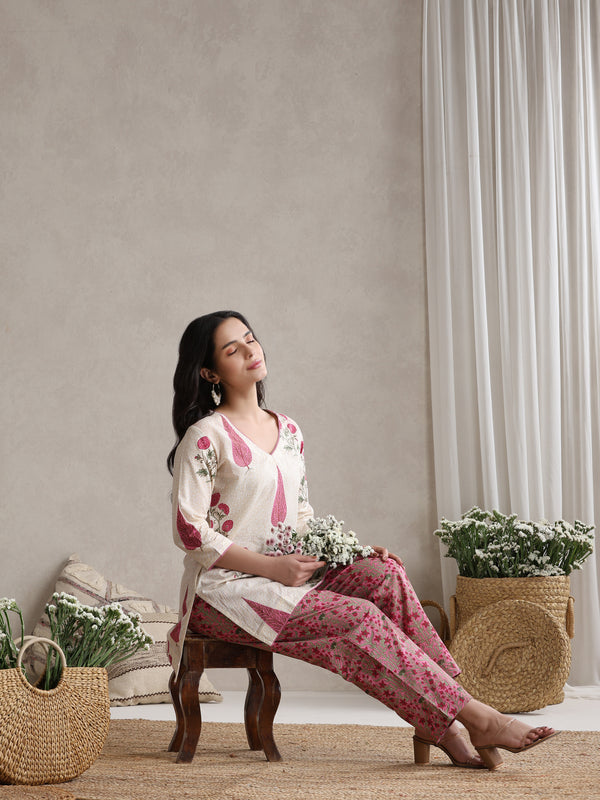 Floral Printed Cotton V-Neck Tunic With Trouser Co-Ords