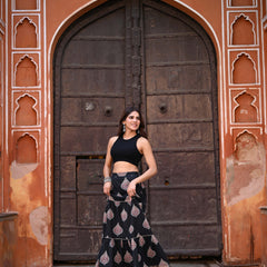 Khushal K Women's Black Printed Cotton Flared Maxi Skirt