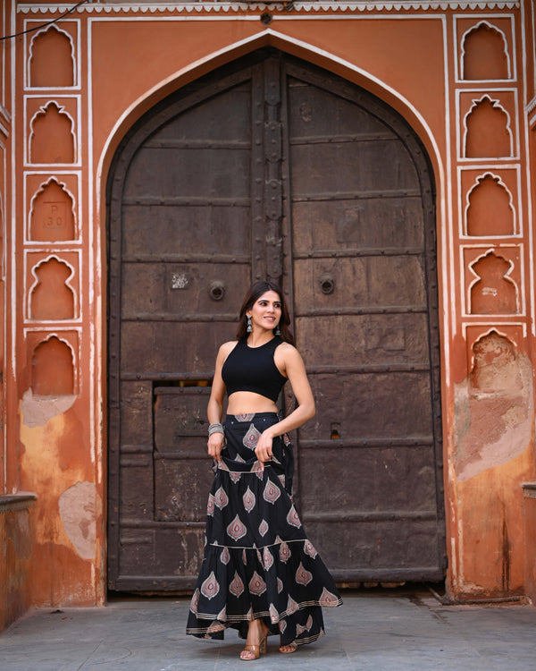 Khushal K Women's Black Printed Cotton Flared Maxi Skirt