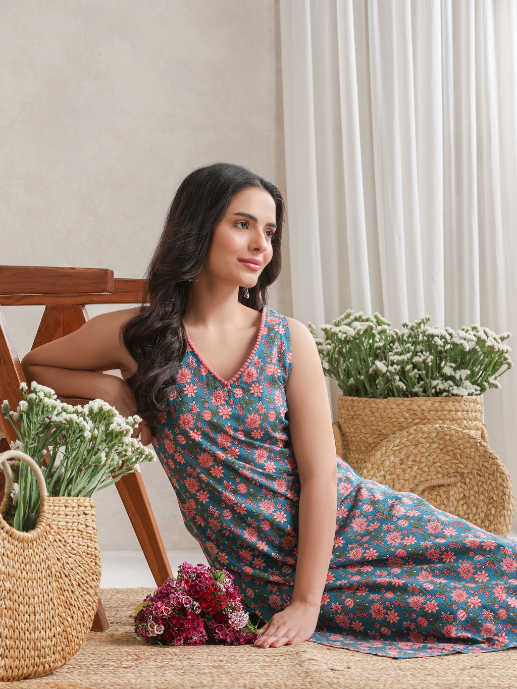 Floral Printed V-Neck Pure Cotton Kurta With Palazzos