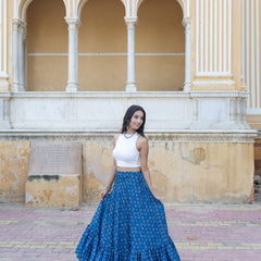 Khushal K Women's Blue Printed Cotton Flared Maxi Skirt