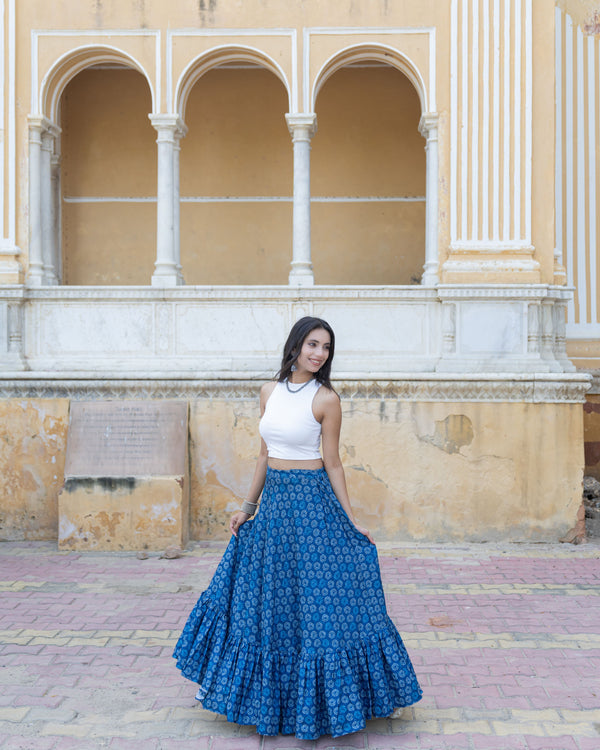 Khushal K Women's Blue Printed Cotton Flared Maxi Skirt