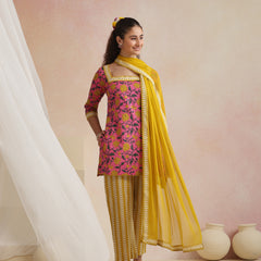 Khushal K Women Cotton Kurta Palazzo Dupatta Set - Pink