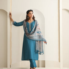 Khushal K Women Pure Silk blue Embroidered Kurta & Palazzo With Dupatta