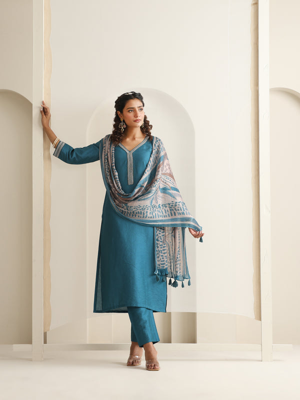 Khushal K Women Pure Silk blue Embroidered Kurta & Palazzo With Dupatta