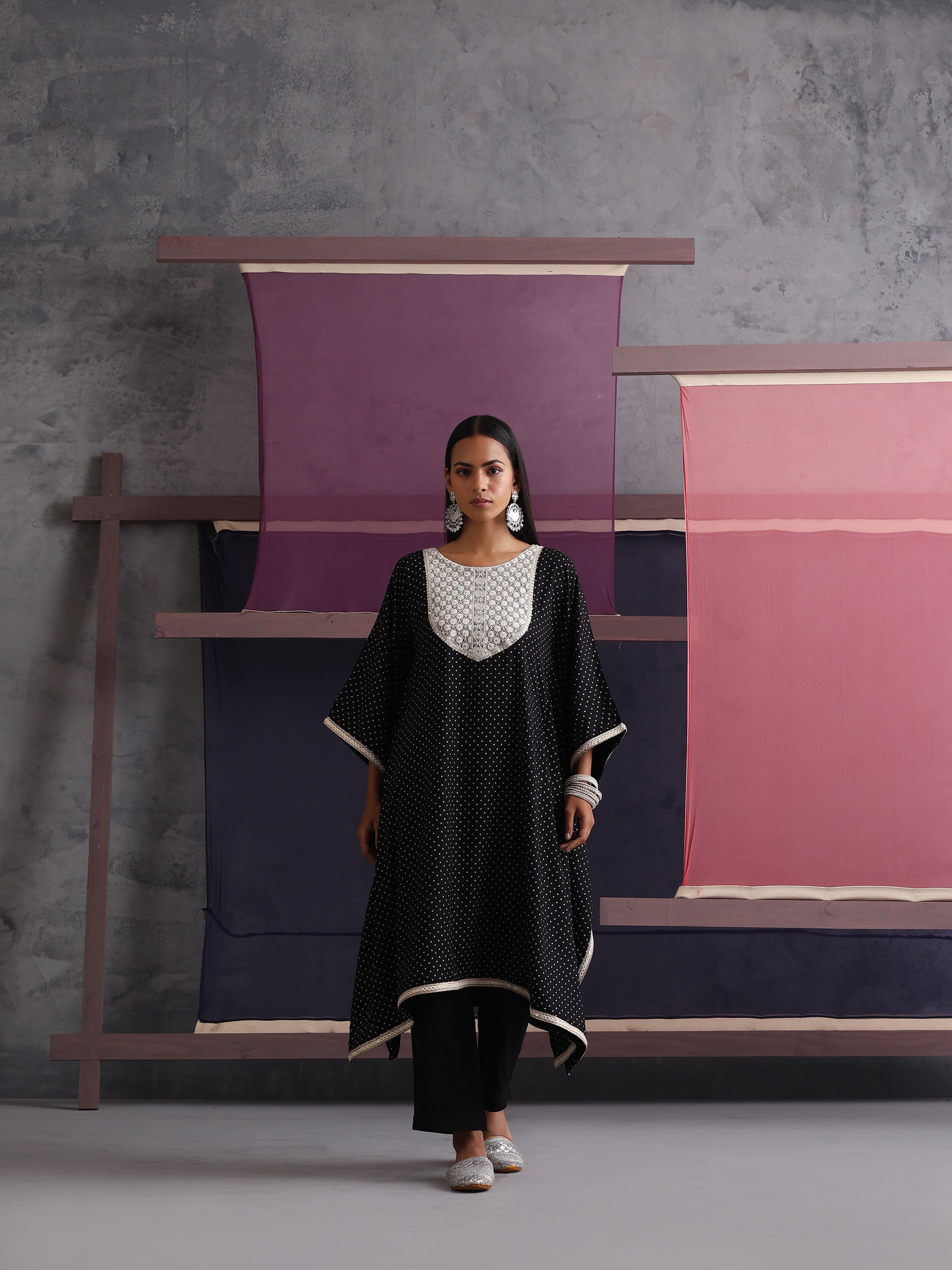 Khushal K Women Embroidered Black Printed Kaftan set