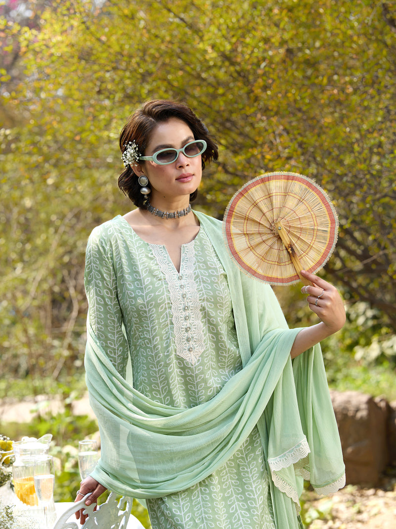 Khushal K Women Printed Regular Pure Cotton green Kurta & Palazzo With Dupatta