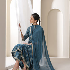 Women Floral Printed Cotton Kurta with Palazzo & Dupatta