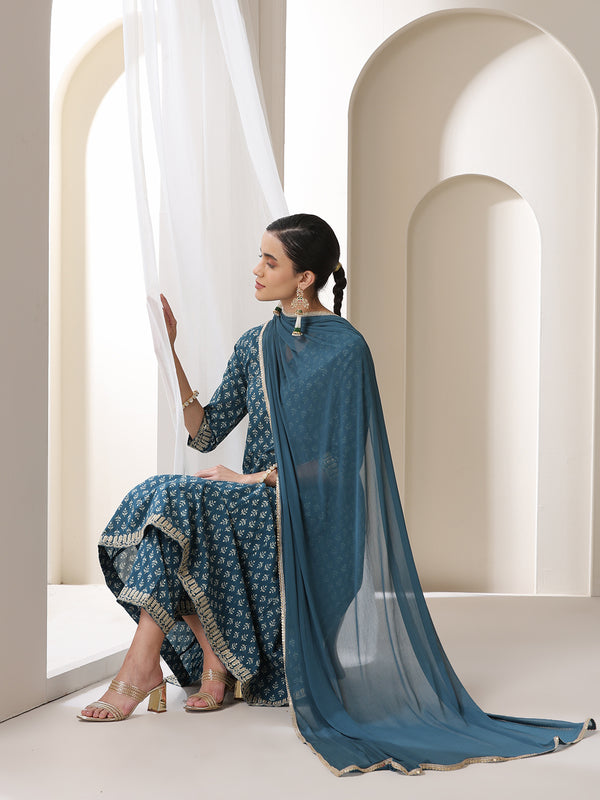 Women Floral Printed Cotton Kurta with Palazzo & Dupatta
