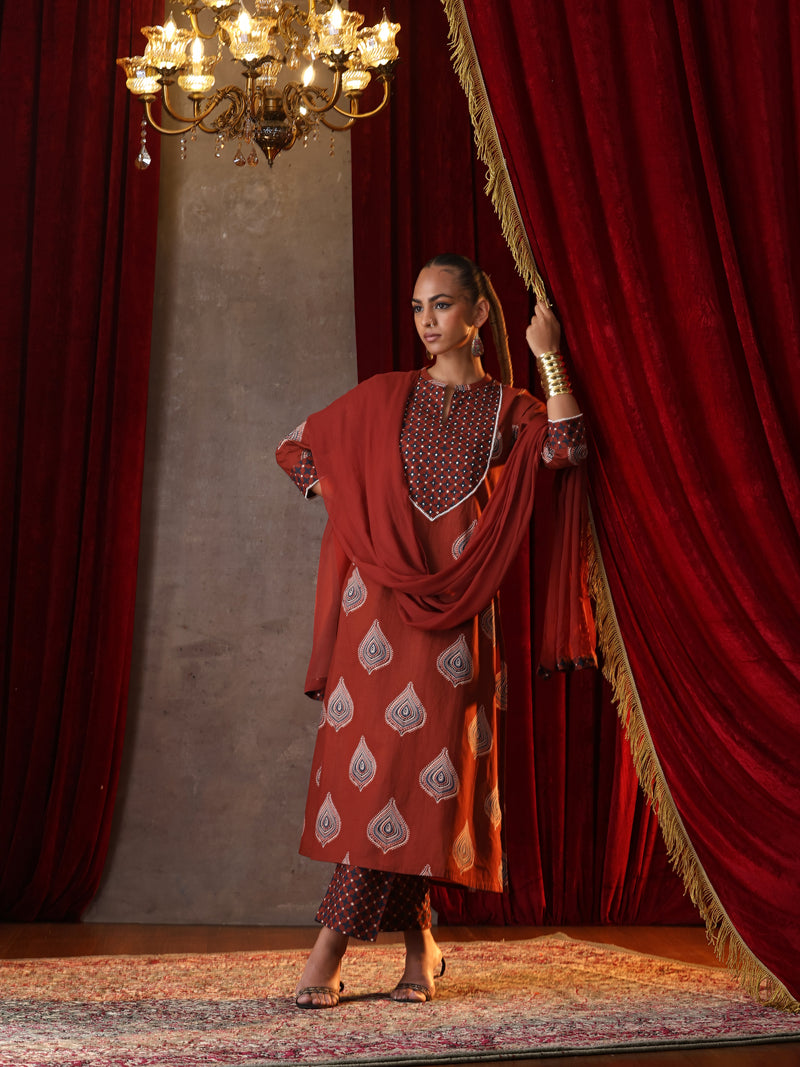 Khushal K Women Cotton kurta and palazzo with dupatta set - Rust