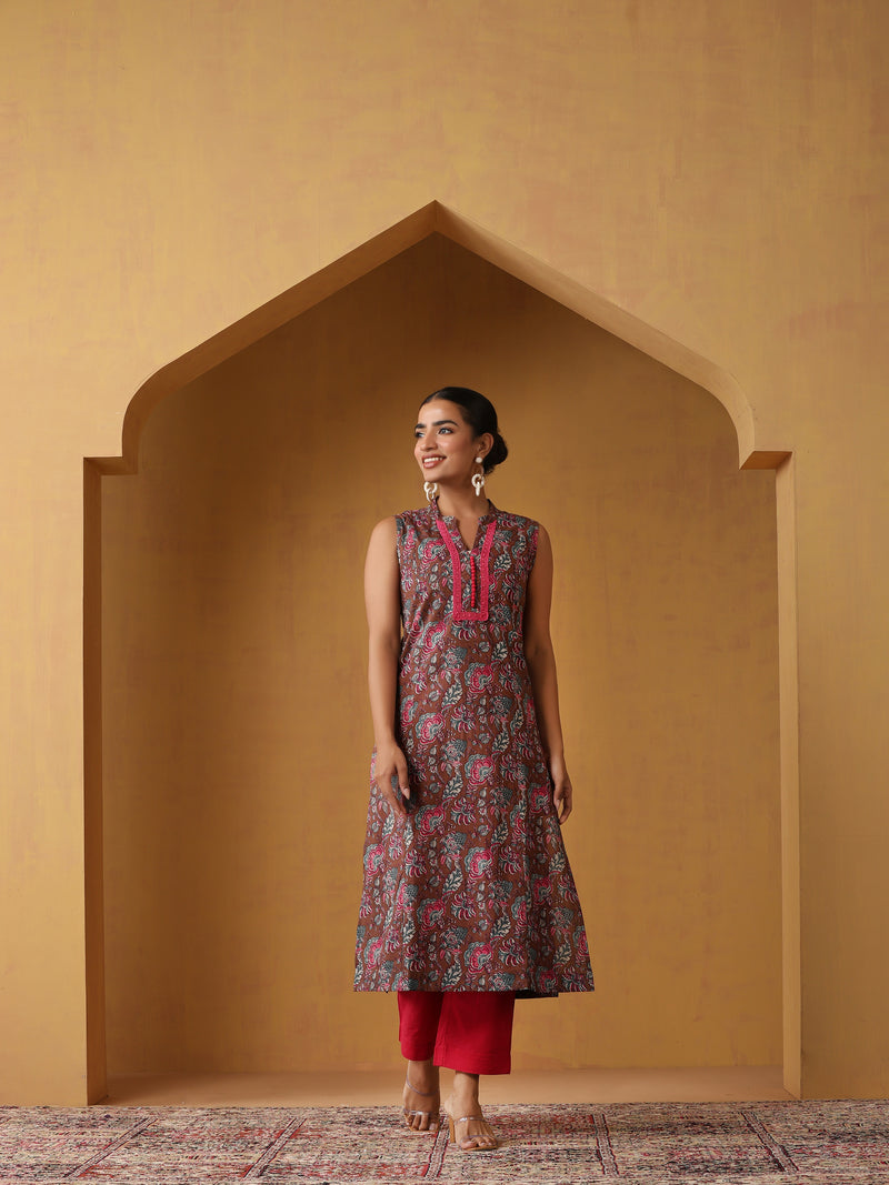 Khushal K Floral Printed Mandarin Collar Pure Cotton Straight Kurta set