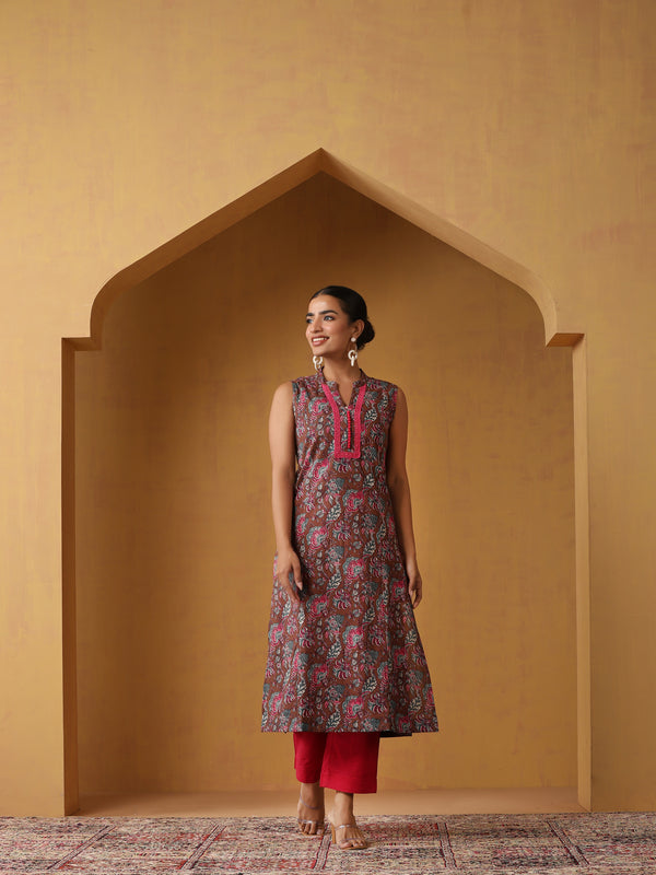 Khushal K Floral Printed Mandarin Collar Pure Cotton Straight Kurta set