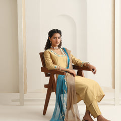 Khushal K Women Pure Silk yellow Embroidered Kurta & Palazzo With Dupatta
