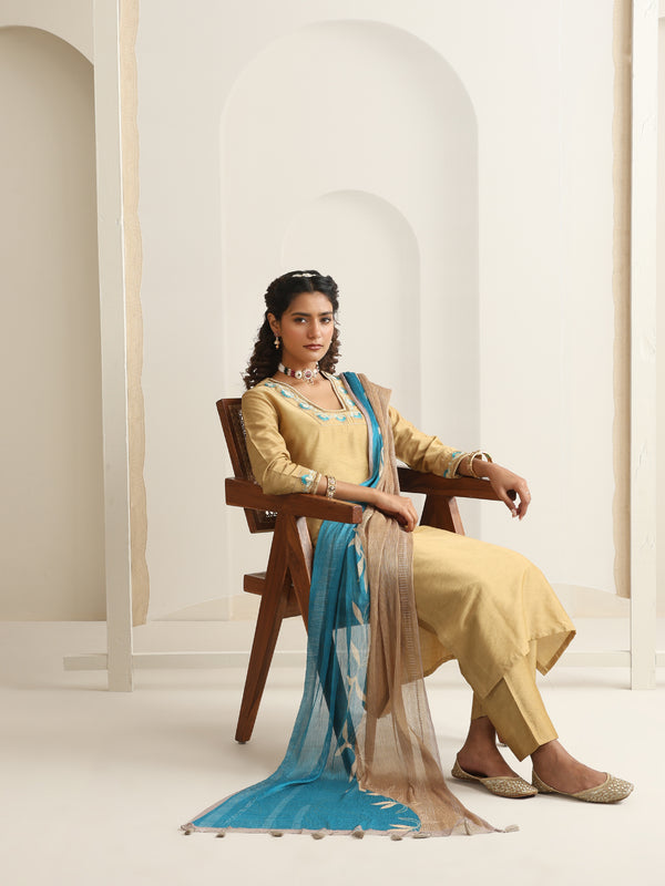 Khushal K Women Pure Silk yellow Embroidered Kurta & Palazzo With Dupatta