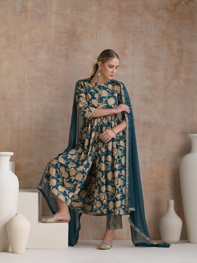 Women Floral Printed Regular Pure Cotton Kurta with Palazzos & With Dupatta