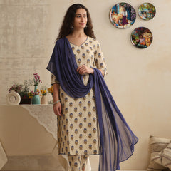 Khushal K Women Floral Printed Regular Pure Cotton Cream Kurta & Palazzo With Dupatta