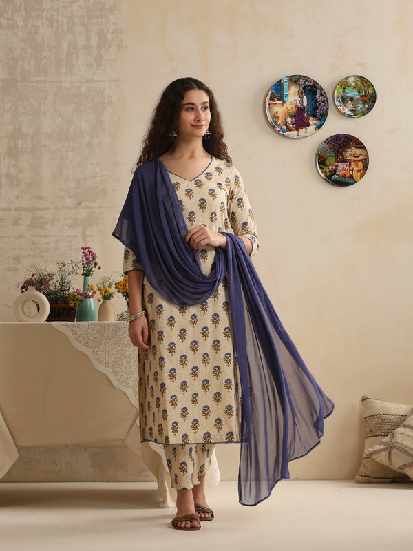 Khushal K Women Floral Printed Regular Pure Cotton Cream Kurta & Palazzo With Dupatta
