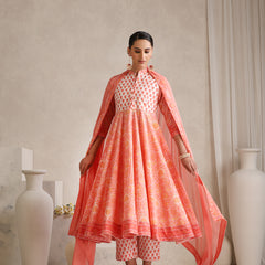 Floral Printed Mandarin Collar Pure Cotton Anarkali Kurta & Palazzos & Dupatta