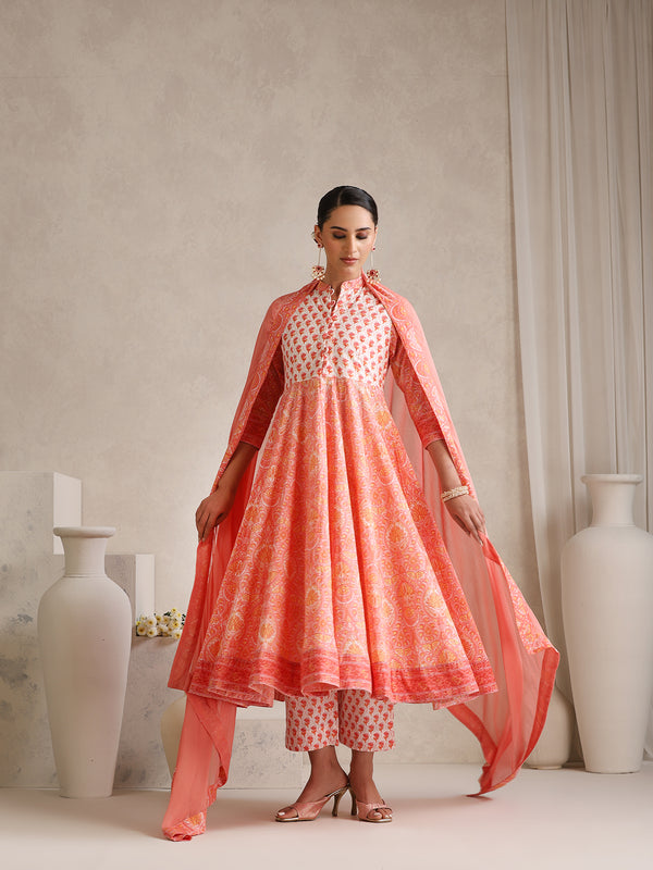 Floral Printed Mandarin Collar Pure Cotton Anarkali Kurta & Palazzos & Dupatta