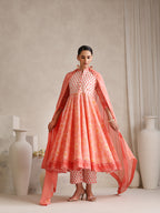 Floral Printed Mandarin Collar Pure Cotton Anarkali Kurta & Palazzos & Dupatta