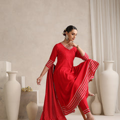 Khushal K  Red v-Neck Anarkali Rayon Kurta kurta set