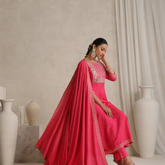 Floral Yoke Design V-Neck Thread Work A-Line Kurta With Trousers And Dupatta