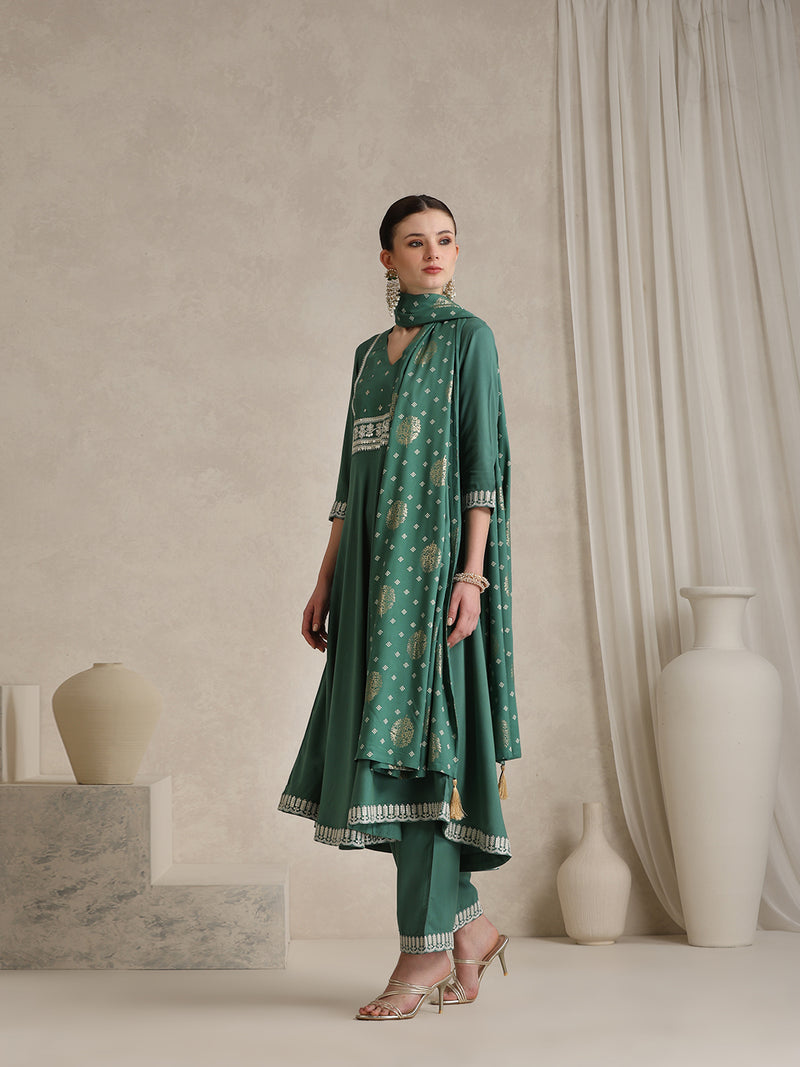 Khushal K Ethnic Motifs Green  Anarkali Sequinned Kurta set