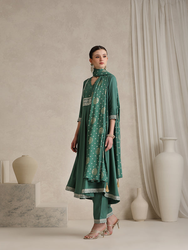 Khushal K Ethnic Motifs Green  Anarkali Sequinned Kurta set