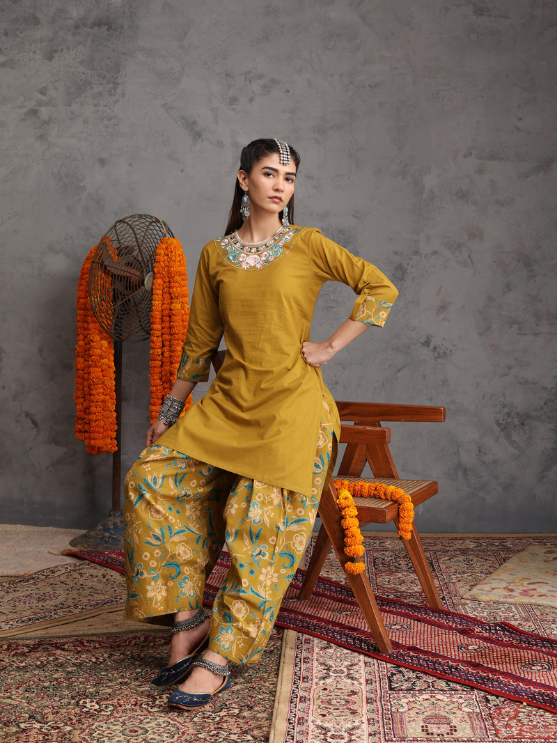 Khushal K Women Cotton Kurta Farsi Salwar Set - Mustard