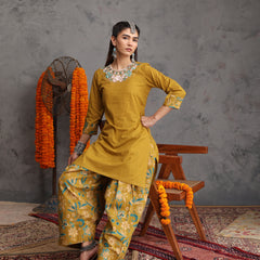 Khushal K Women Cotton Kurta Farsi Salwar Set - Mustard