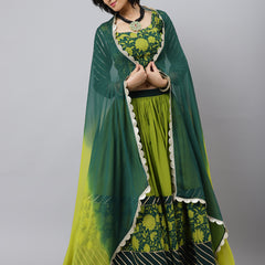 Floral Printed Cotton Lehenga & Blouse With Dupatta