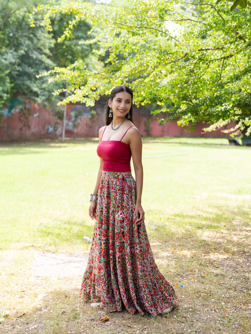 Khushal K Women's Grey Printed Cotton Flared Maxi Skirt