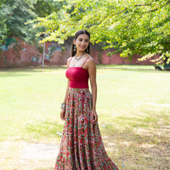 Khushal K Women's Grey Printed Cotton Flared Maxi Skirt