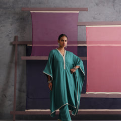 Khushal K Women V-Neck-line Green Kaftan set