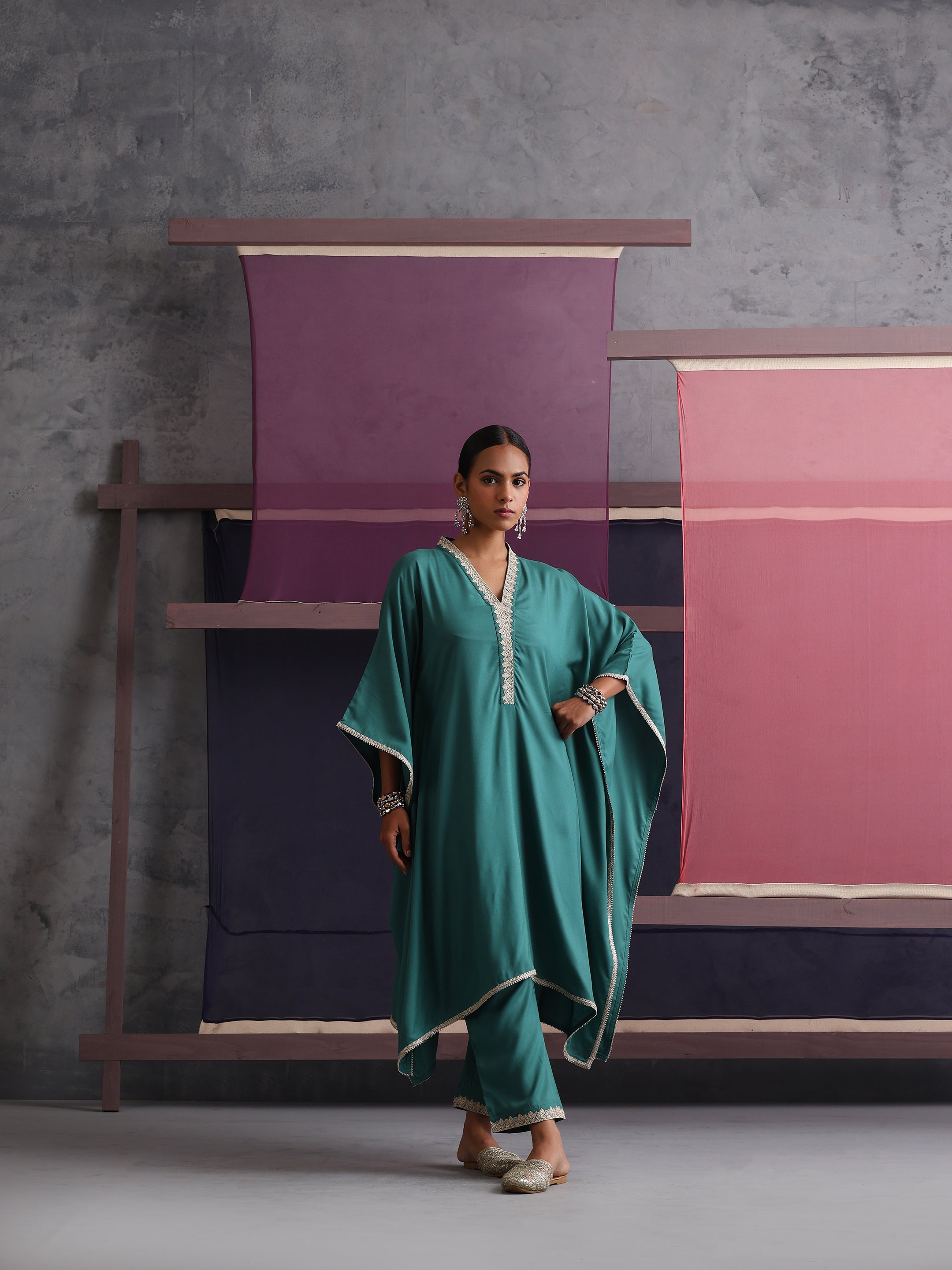 Khushal K Women V-Neck-line Green Kaftan set