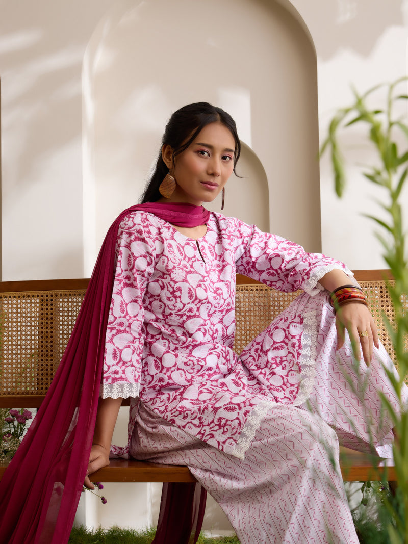 Khushal K Women Cotton Kurti And Farshi Salwar  With Dupatta Set - Maroon