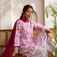 Khushal K Women Cotton Kurti And Farshi Salwar  With Dupatta Set - Maroon