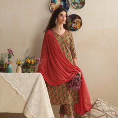 Khushal K Women Floral Printed Regular Pure Cotton Green Kurta & Palazzo With Dupatta